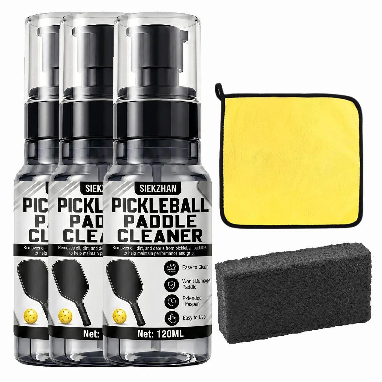 SIKEZHAN 120Ml Pickleball Paddle Cleaner Spray Kit, Premium Rubber Eraser Block and Microfiber Towel for Face Spin Restoration